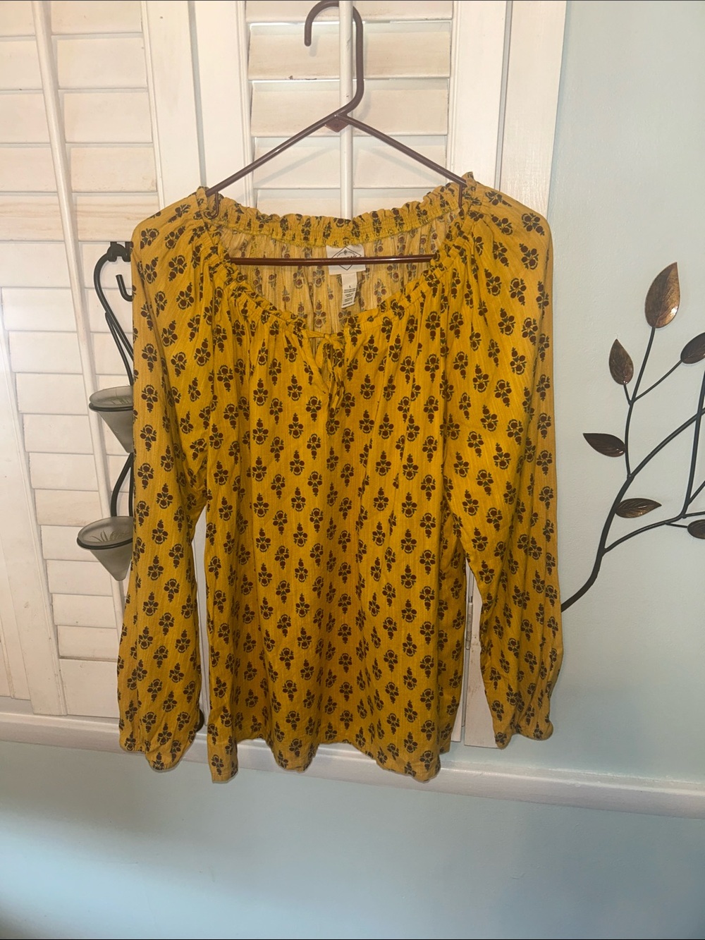 St. John's Bay Mustard Yellow Black Floral Peasant Blouse